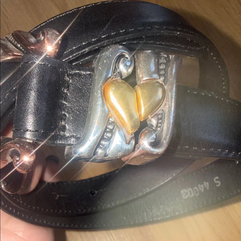 Vintage Brighton Black Belt Heart Silver Gold Buckle Made in USA Small 1996
